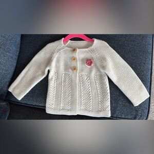 Cream Knit Baby Cardigan with Pink Flower